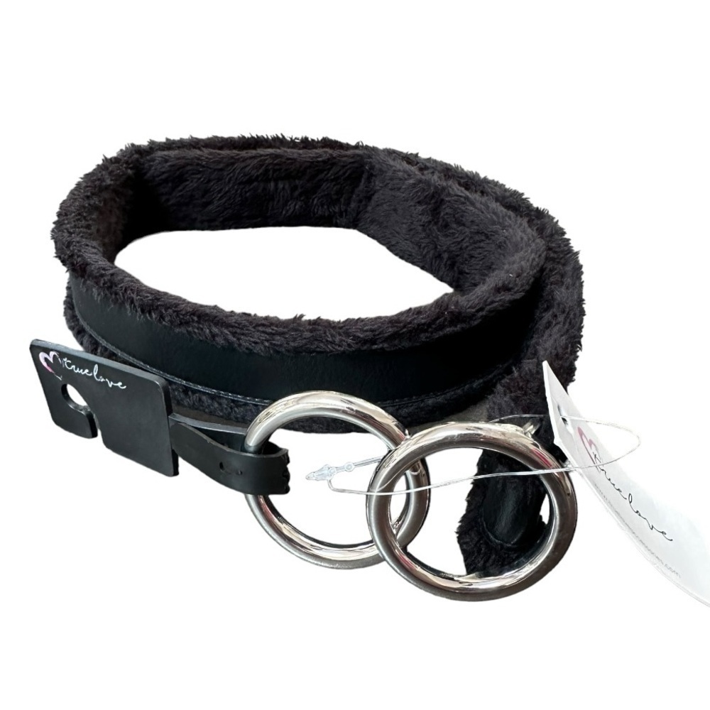 Women’s Black Faux Fur Black Leather Belt Ladies Medium 42” Silver Buckle NWT